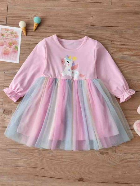 

baby unicorn print flounce sleeve mesh overlay dress she, Red;yellow
