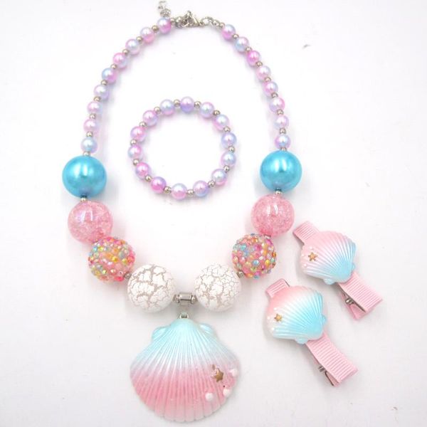 

earrings & necklace kids sweet candy pink shell charm children cosplay accessory girls party dress up bracelet hairpin jewelry set, Silver