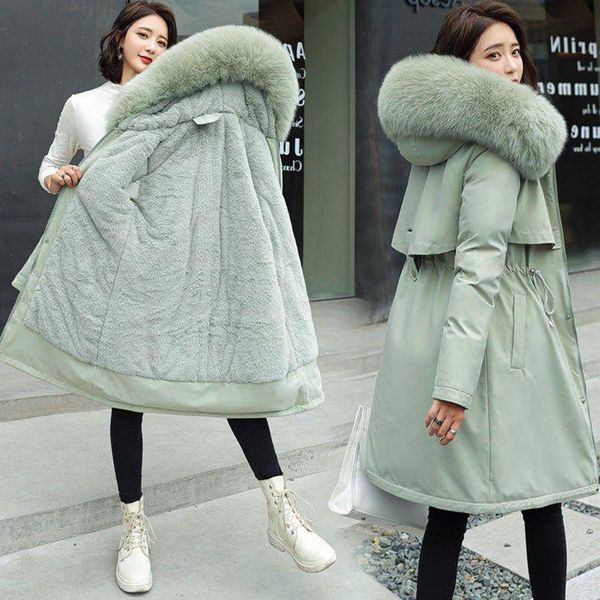 

women's fur & faux medium and long cotton clothing loose large-size winter thick wool plus velvet jacket coats, Black