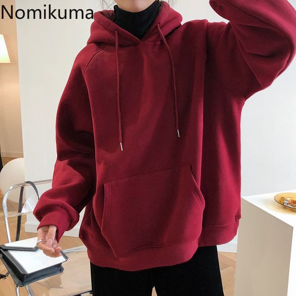 

nomikuma fleece women hooded sweatshirt long sleeve solid korean thicken pullover hoody autumn winter hoodies coat 6c142 210427, Black
