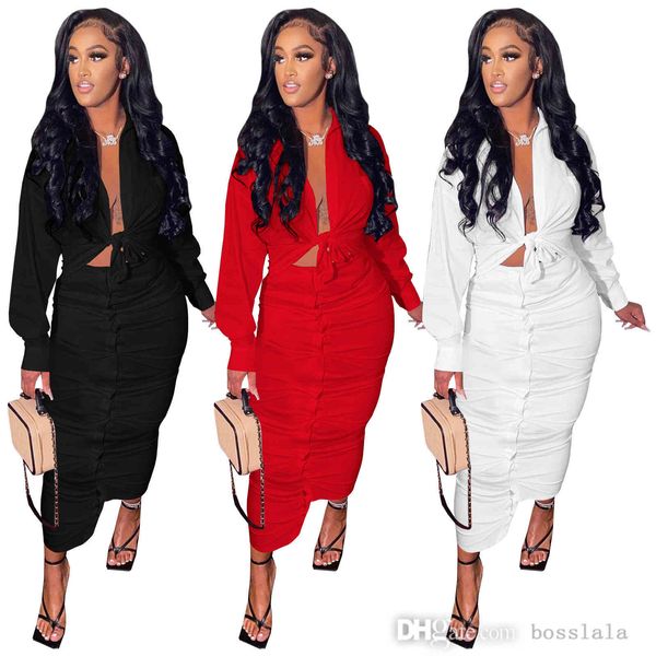 

womens casual skirt two piece suit autumn and winter solid color long sleeve button shirt and medium length skirts, White