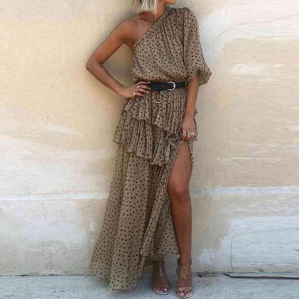 

casual dresses off the shoulder women summer ruffle elegant dot printing ladies party beach style femme slit vestidos midx, Black;gray
