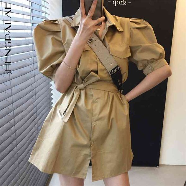 

khaki dress women's summer lapel single breasted lace up waist short sleeve mini dresses female tide 5e410 210427, Black;gray