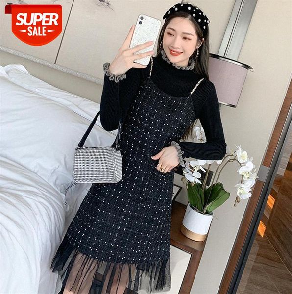 

sweater set net red high neck knitted bottoming shirt xiaoxiang wind woolen suspender dress #r836, Black;gray