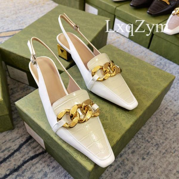 

sandals elegant genuine leather single shoes women shallow mouth square heel high heels buckle side hollow chain slingback pumps, Black