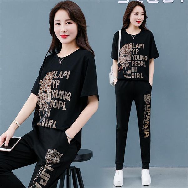 

large size summer fashion womens pant animal print diamond t shirt black round neck short sleeve casual suit 001, Black;white