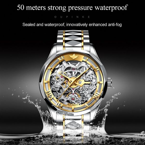 

wristwatches oupinke 2021 men mechanical watches luxury skeleton automatic wristwatch brand stianless steel sapphire glass, Slivery;brown