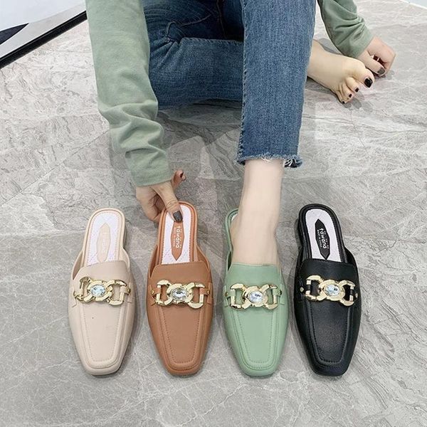 

crystal metal chain mules ladies shoes sandalias flip flops square toe slippers women pantuflas low heels cover slides 2021, Black