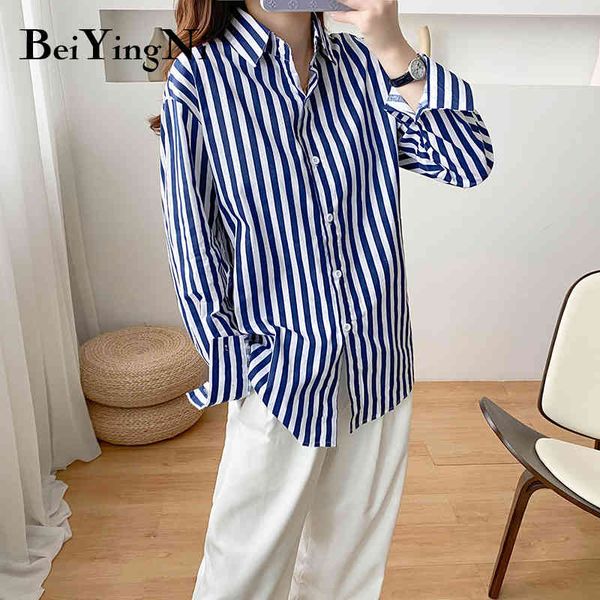 

beiyingni stripe women blouses loose oversized long sleeve harajuku ol shirts female fashion chic blusas mujer outwear 210416, White