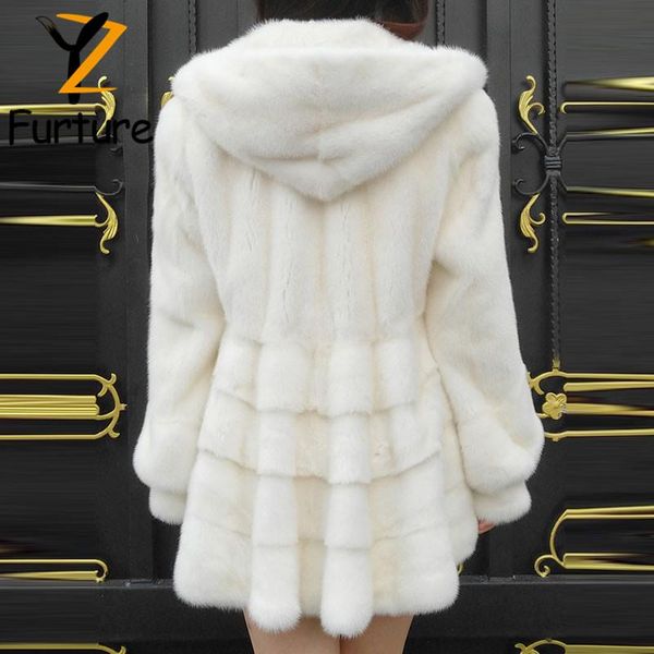 

women's fur & faux women real mink coat with hood long jackets warm winter genuine coats slim sleeve noble overcoat 2021, Black