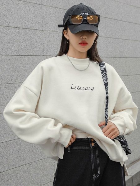 

dazy letter embroidery drop shoulder split hem sweatshirt n1qs#, White;black