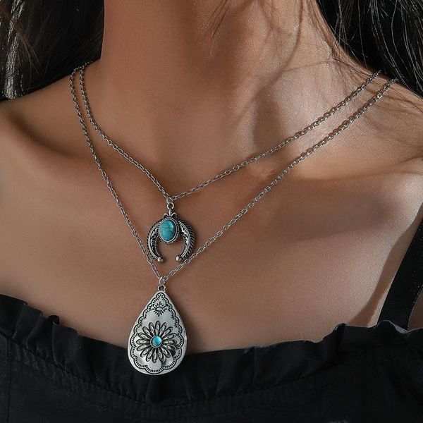 

pendant necklaces water droplets geometry type embedded turquoises carved flowers pattern double layer necklace, Silver