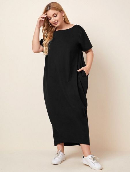 

plus pocket side tee dress k63j#, Black