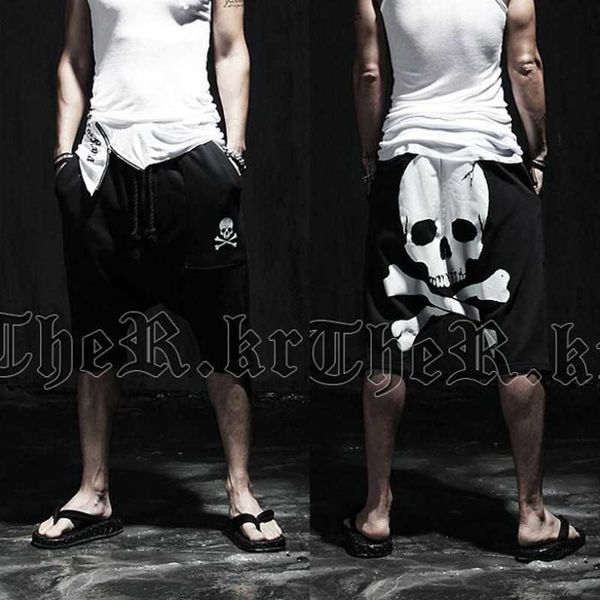 

summer skull male calf-length printed pants mens slim hip hop short pants mid trousers active casual loose harem pants 201118, Black