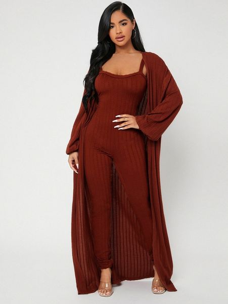 

sxy cable knit cami jumpsuit & drop shoulder longline coat y6mp#, White