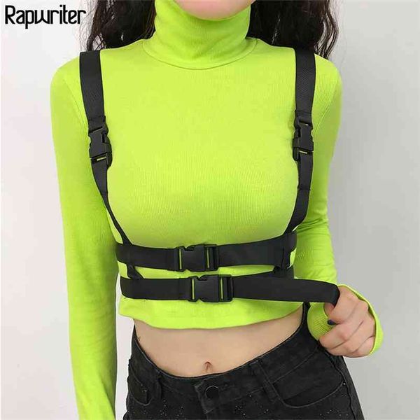 Turtleneck casual manga longa estiramento de néon verde t-shirt mulheres patchwork fivela cinto harajuku colheita tops femmme 210510