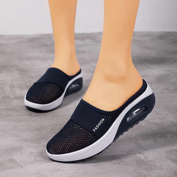 

slippers air cushion slip-on women walking shoes orthopedic diabetic ladies platform mules mesh lightweight wedge female sneaker, Black