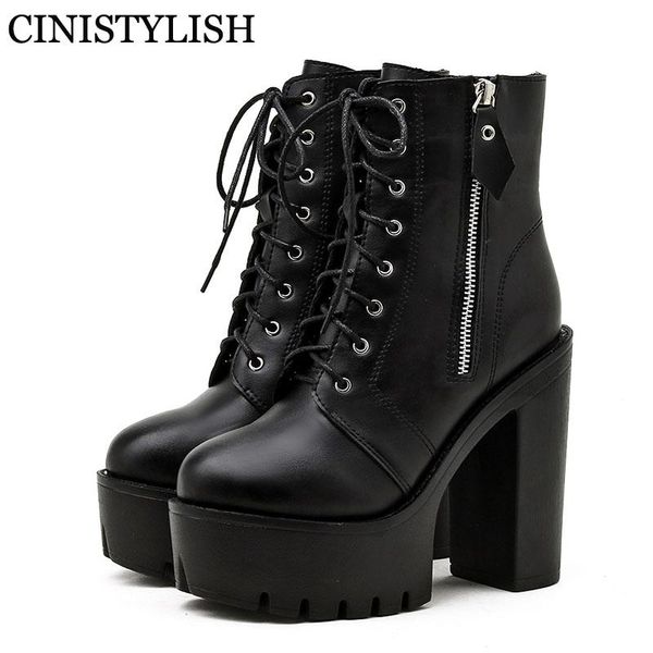 

boots platform for women black female lace up soft leather pu side zipper spring autumn high heel ankle punk goth