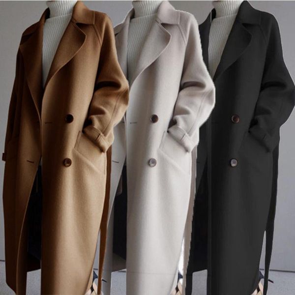 

women's wool & blends winter coat women wide lapel belt pocket blend oversize long trench fashion outerwear female overcoat, Black