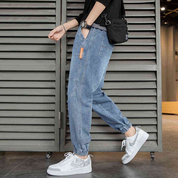 

men's jeans loose denim harlan pants korean version brand elastic waist pocket decoration youth basic men's wear, Blue