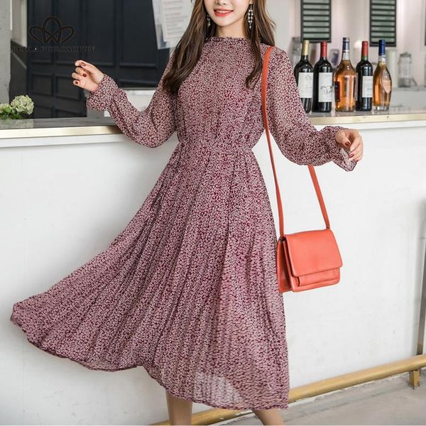 

casual dresses heydress elegant o-neck collar floral print women dress full sleeve elastic slim waist chiffon autumn a-line long, Black;gray