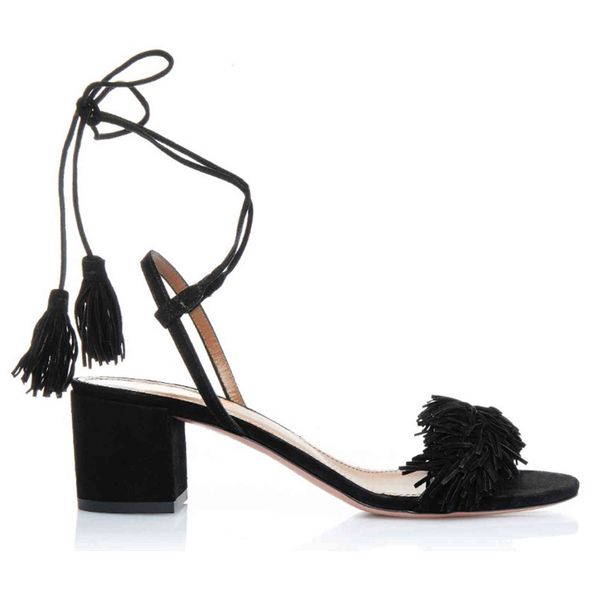 

sandals lovirs clearance sales 5cm chunky heel cross strap block fringed sandals lace up open toe shoes women 9r3v, Black