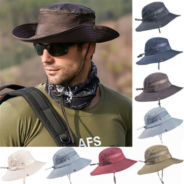 

cloches vintage cowboy hat men mesh bucket caps for summer wide brim uv protection flap outdoor breathable beach, Blue;gray