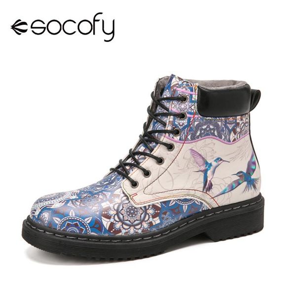 

boots socofy retro lady's with stereoscopic birds flowers patterns round head women shoes casual winter warm flat, Black