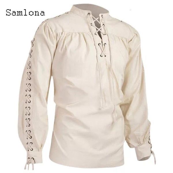 

samlona casual shirt mens autumn lace-up linen shirts lantern sleeve blouse men jogging solid color clothing men's, White;black