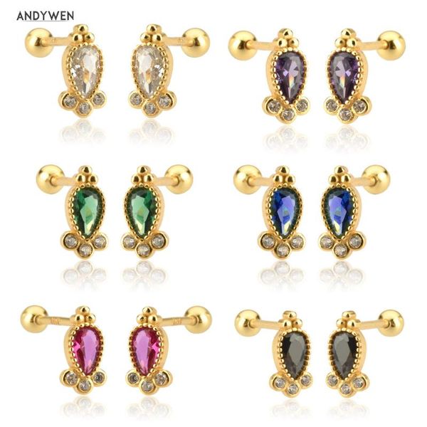 

stud andywen 925 sterling silver gold rainbow ovals earring piercing colorful cz clips tiny fine jewelry 2021 wedding gift, Golden;silver