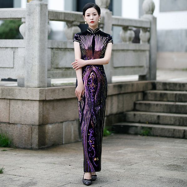 

sequin embroidery cheongsam dress stage cheongsam high slit velvet traditional chinese costume clothing fashion vestidos 11757, Red