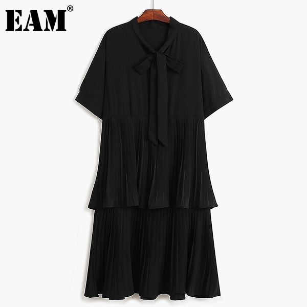 

[eam] women black big size pleated chiffon dress bow neck short sleeve loose fit fashion spring summer 1dd8200 210512, Black;gray