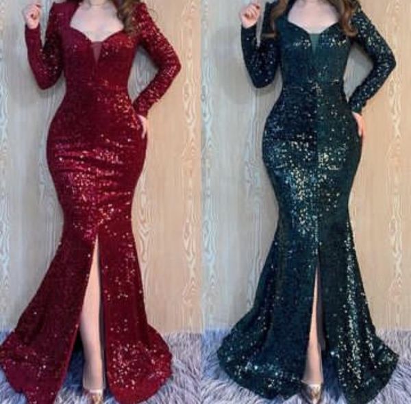 

party dresses vintage arabic long v-neck sequined evening with sleeves mermaid zipper back slit abendkleider robes de soirÃ©e for women, White;black