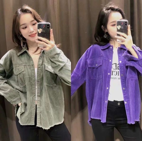 

women's street fashion casual versatile corduroy shirt coat, Black;brown