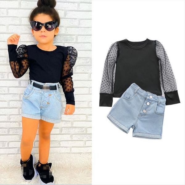 

fashion summer kids girls clothes sets polka dot mesh long sleeve lace t shirts denim shorts 1 6y, White