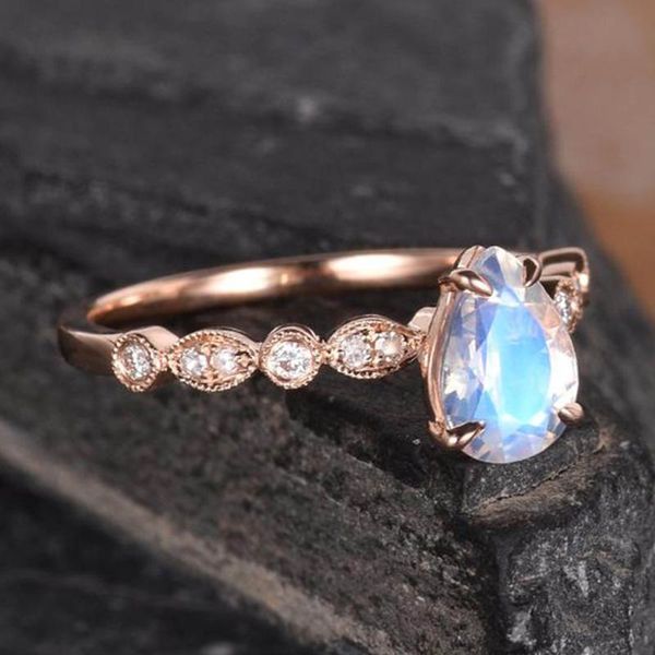 

cluster rings pear cut 5x7mm moonstone ring silver 925 jewelry engagement wedding for women gift, Golden;silver