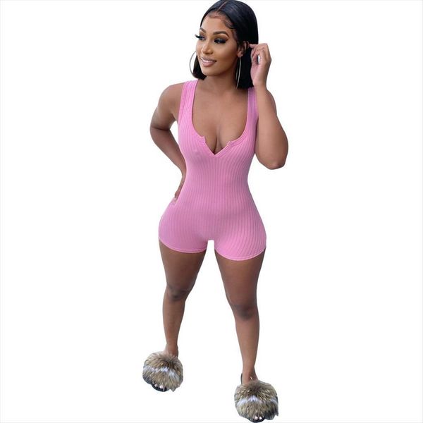 

casual solid fitness knit rib womens jumpsuit playsuit summer v neck sleeveless biker shorts body rompers, Black;white