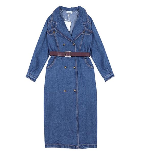 

women's trench coats 2021 spring autumn turn-down collar loose sashes temperament over the knee long double-breasted denim windbreaker, Tan;black