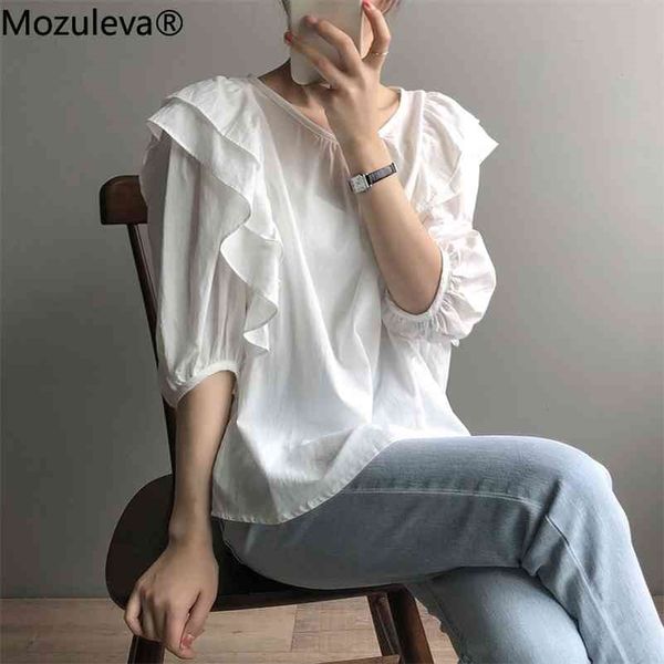 

women elegant lantern shirts celmia fashion half sleeve o-neck blouse female ol casual loose ruffled blusas 210416, White