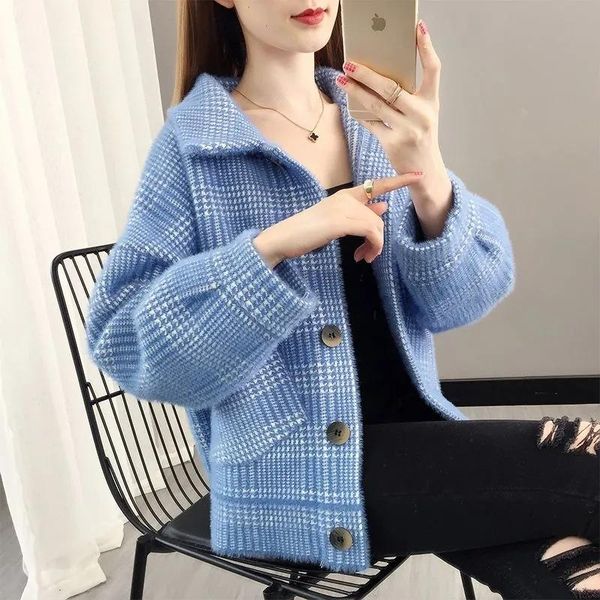 

women's jackets imitation mink fleece knitted cardigan women korean plaid single breasted short jacket spring autumn casual sweater out, Black;brown