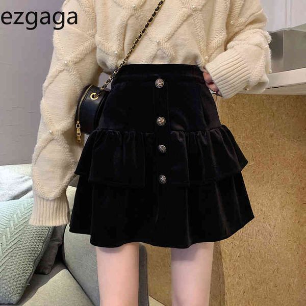 Ezgaga Velluto Gonne a vita alta Moda Vintage A-Line Solido Nero Cupcake Gonne Elegante Dolce Coreano Chic Jupe Femme 210430