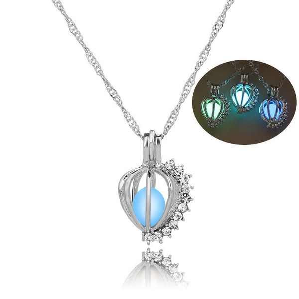 

chains luminous zircon water drop locket cage pearl pendant necklace glow in the dark silver plated charm for women gift