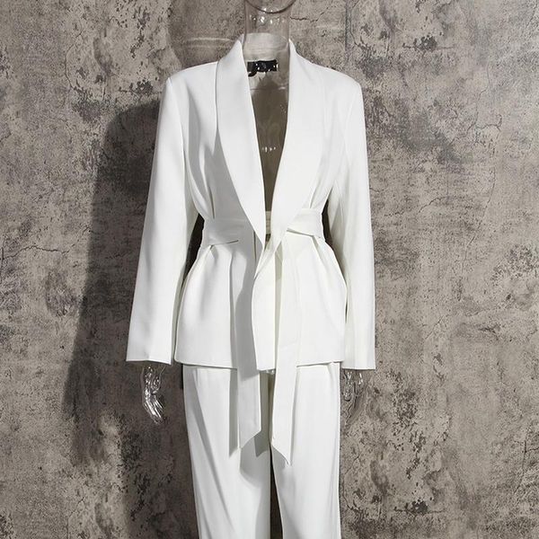 

fashion two piece set blazer sashes wide leg pants suits women solid colors casual office suit high waist women's, White