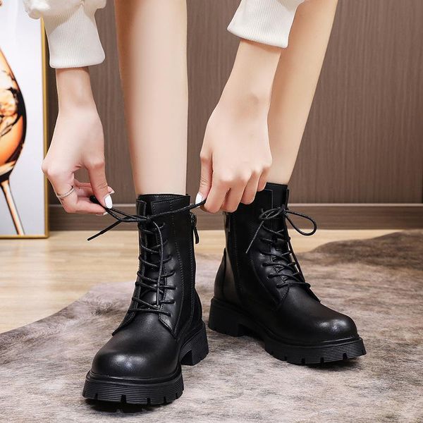 

boots white mid-calf women's shoes platform boots-women round toe lace up winter footwear low clogs 2021 riding autumn leather l, Black