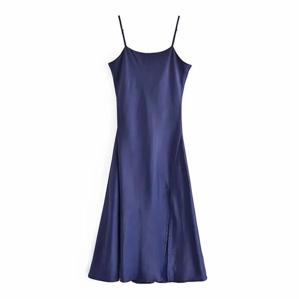 Frauen Rosa Blau Sexy Satin Camisole Midikleid V-Ausschnitt verstellbare dünne Träger rückenfrei Split Club Party Kleider 210520