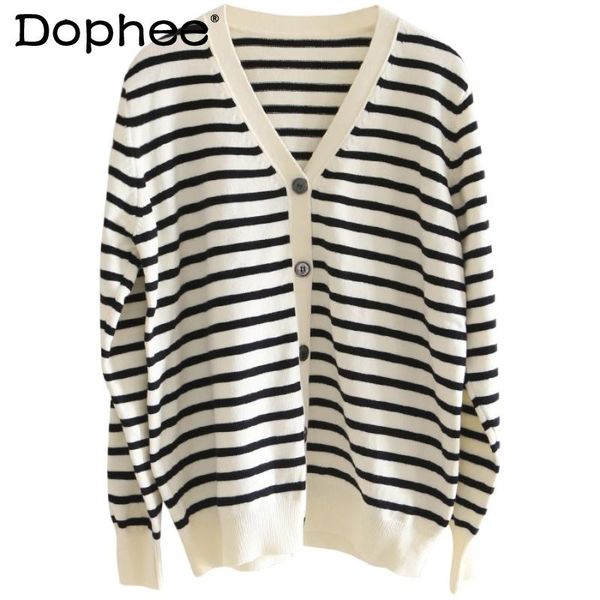 

women's knits & tees knitwear v-neck long sleeve striped knitted sweater fashion loose cardigan for women spring all-match slim-fit thi, White