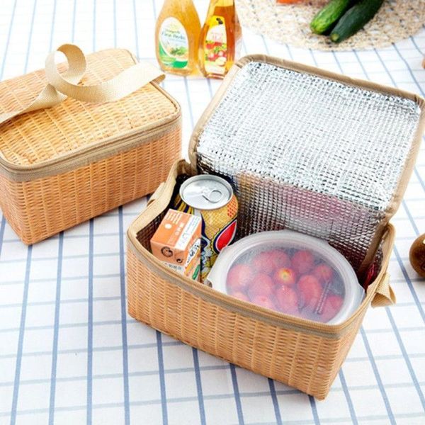 

storage bags artificial rattan lunch portable insulated box for picnic camping food container thermal cooler pouch tote handbag