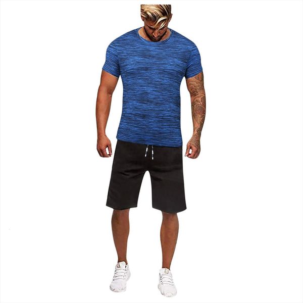 

running two pieces set men tracksuits short sleeve round neck drawstring shortwear jogging fashion leisure track suit, Gray