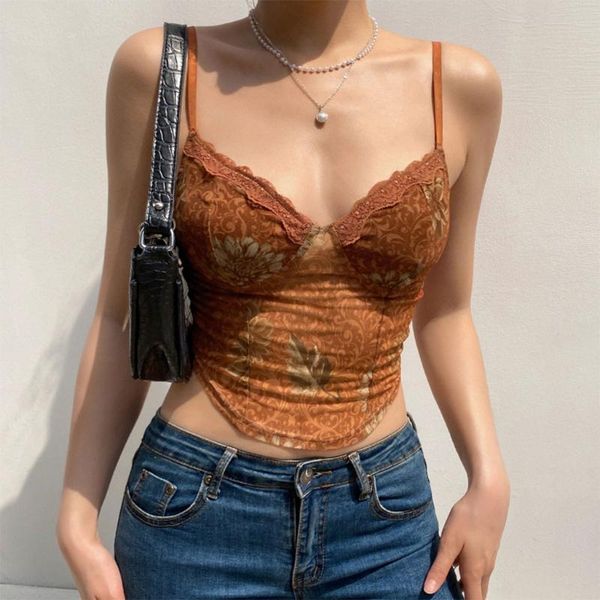 

women's tanks & camis women spaghetti strap corset crop sheer mesh vintage floral print camisole v-neck backless lace trim vest shi, White