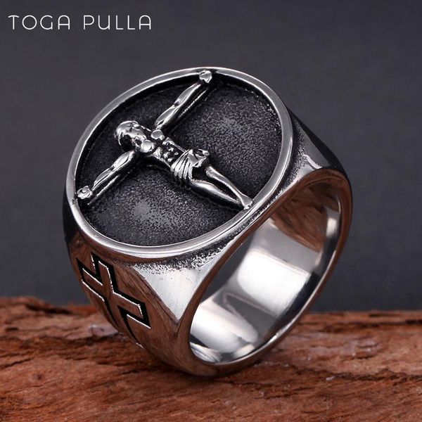

classic jesus cross ring mens silver color 316l stainless steel christ signet male punk biker rings jewelry drop cluster, Golden;silver